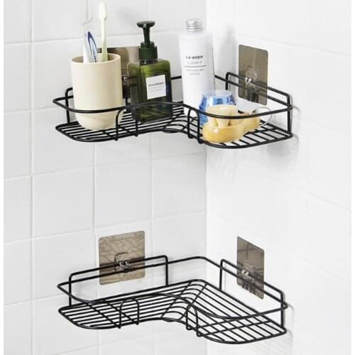 Kitchen Non-Perforated Triangle Shower Rack Wrought Iron Shampoo Storage Rack with Non-marking Stickers Bathroom Accessories