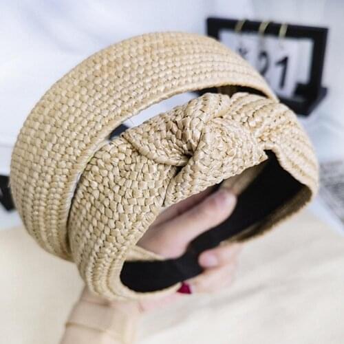 Summer Beach Straw Weave Cross Knotted Hair Hoop Women Wide Headband Headwear