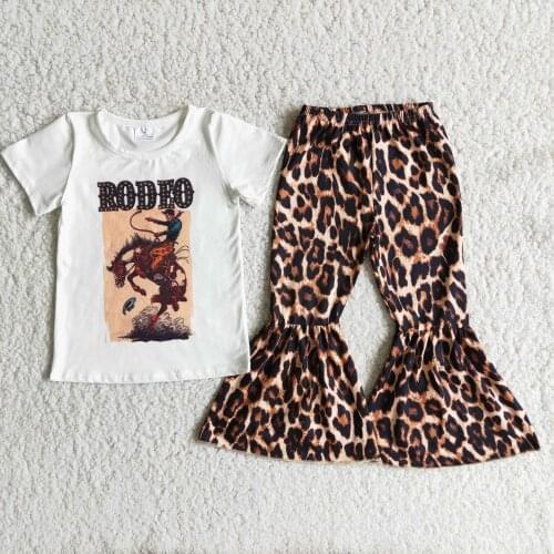 Western style Boutique kids Clothing Girls designer Short Sleeves Leopard Bell Bottom Pants Summer Outfits
