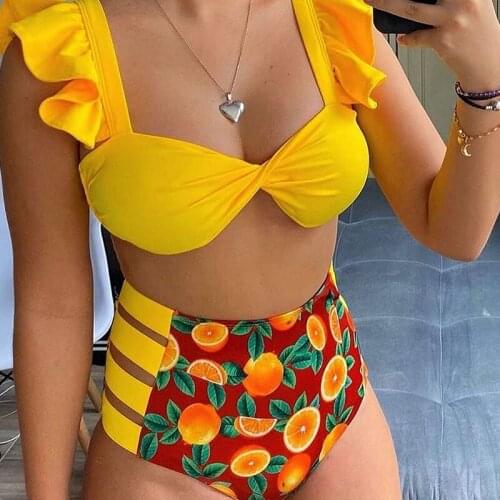 Fashion Sexy Ruffle Flower Print Bandage Bikini Sets High Waist Hollow Out Two Piece Swimsuit Brazil Push Up Beachwear Biquini