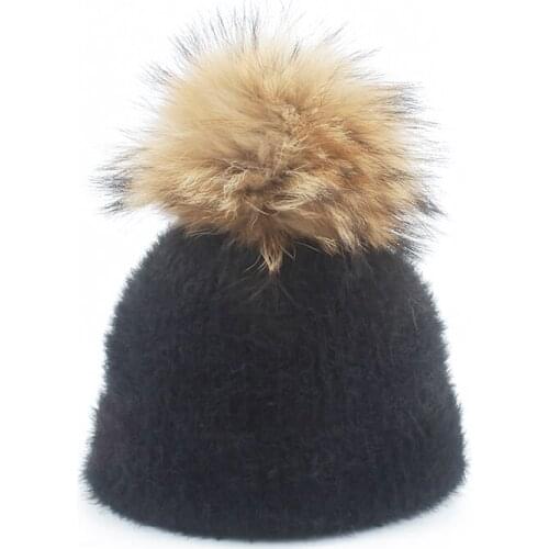 Mink and real raccoon fur ball cap pompom winter hats for women girl 's hat knitted beanie cap parent-child pompon hat