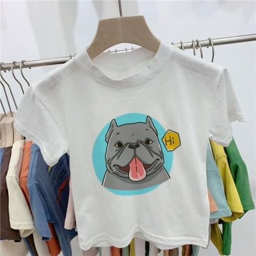 2019 New Summer T-shirt Kids Funny Harajuku Funny Dog Say Hi Cartoon Peach Girl Tshirt Children Cute Boys T Shirts White Clothes
