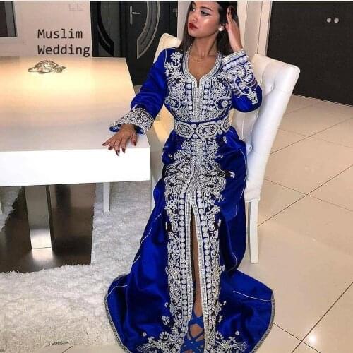 New Arrival Royal Blue Long Evening Dresses Kaftan Dubai Abaya Lace Appliques Evening Gowns 2020 Long Sleeve Arabic Prom Dress