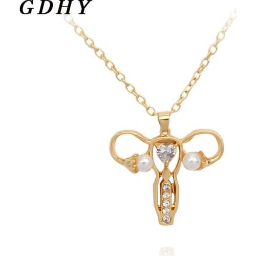GDHY Uterus Ovary Necklace Pendants Internal Female Organs Zircon Pearl Cute Charm Necklace For Women Kids Jewelry Gifts