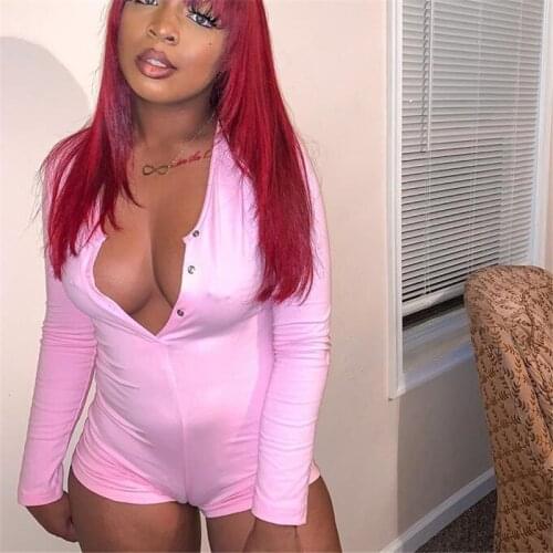 Hirigin 2020 Sexy Women Bodysuit Pajamas Long Sleeve Deep V Neck Bodycon Stretch Leotard Top Button Jumpsuit Shorts Sleepwear