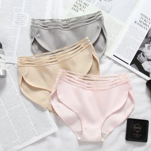 Popular Cotton Underwear Large Size Hip Lifting Belly Contracting Breathable Striped Ladies Mid Waist Breifs