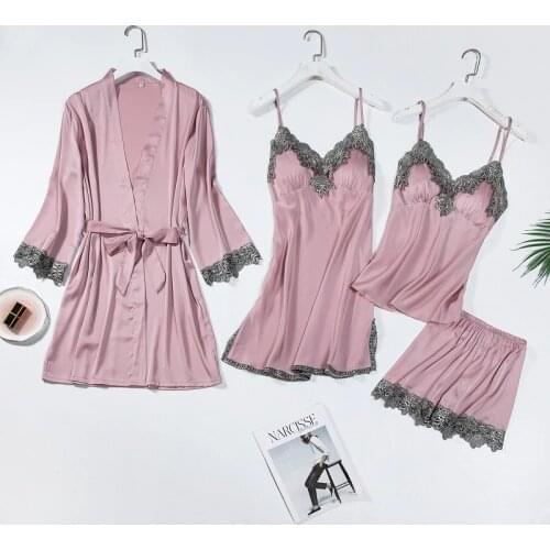 Pink Silk Satin Pajamas Womens 4PC Strap Top Pants Suit Sleepwear Sets Casual Home Wear Nightwear Sexy Robe Bath Gown M L XL