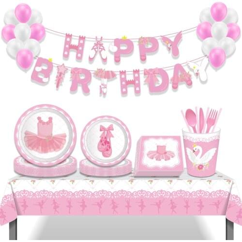 Girls Pink Ballet Theme Happy Birthday Party Disposable Tableware Sets Dinner Dessert Plates for Kids Baby Shower Party Favors