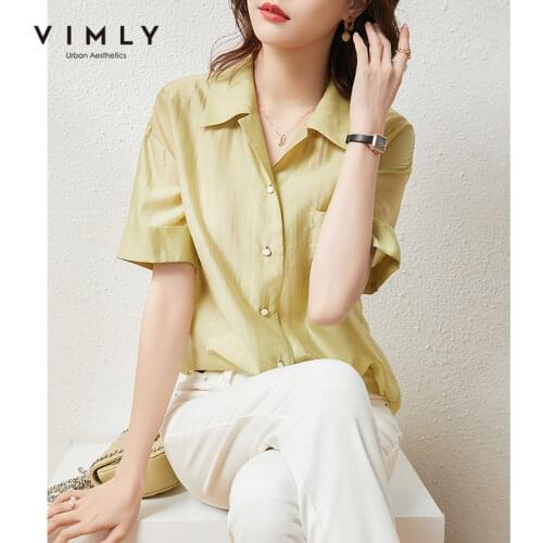 VIMLY Summer Women Shirts Fashion Short Sleeve Button up Shirt Elegant Solid Pocket Blouse Office Lady Blusas Female Tops F7026