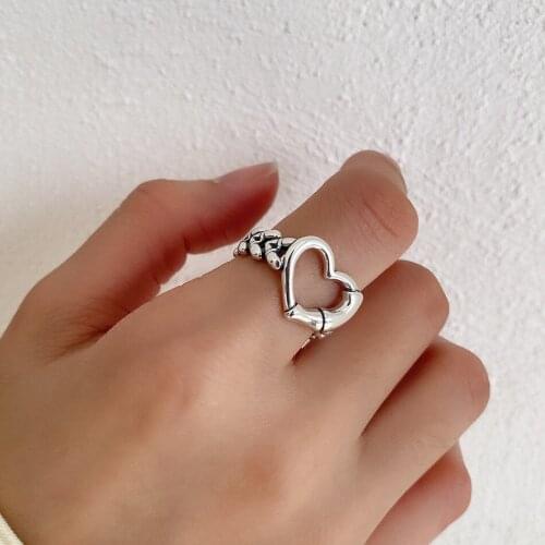 SHANICE Cool Punk Authentic 925 Sterling Silver Geometric Shapes Open RetroHeart Street Shoot Ring Anniversary Ring Accessories