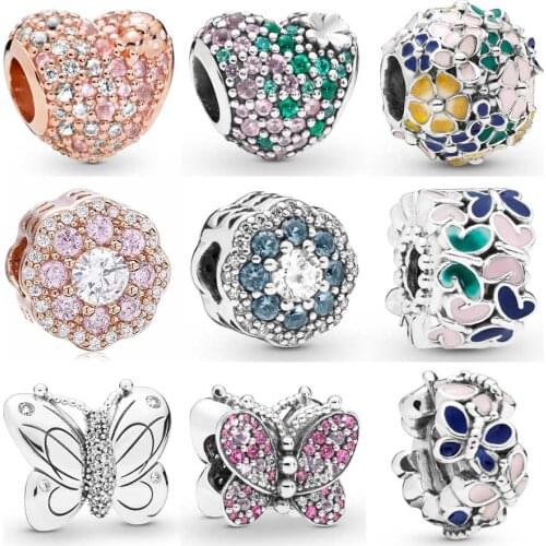 QANDOCCI Sparkle Flower Flower Arrangement Lucky Four-leaf Clover Heart Beads Fit Pandora Bracelet 925 Sterling Silver Charm