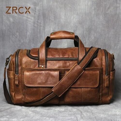 ZRCX Vintage Mens Hand Luggage Bag Travel Bag Genuine Leather Large Capacity Single Shoulder Messenger For 14 Inch Laptop