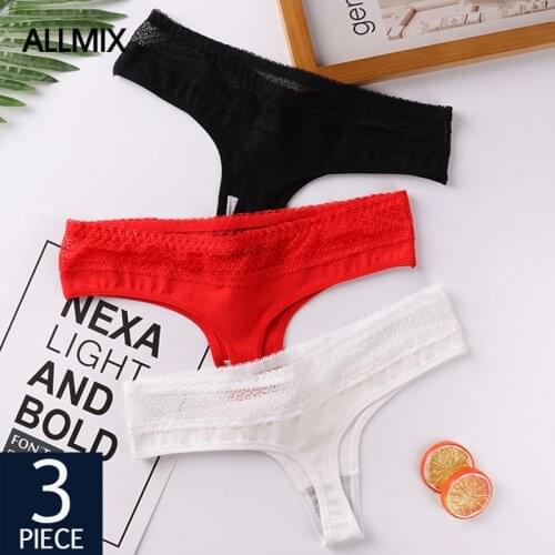 ALLMIX 3Pcs/lot Sexy Womens Hollow Out Panties Sets Underwear Seamless Lace Thongs G-String Low Waist Solid Lady Lingerie Tanga