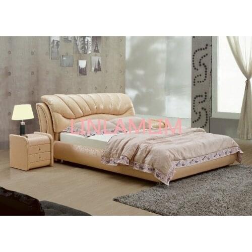 Top graded cow genuine leather bed / soft bed/double bed king/queen size bedroom home furniture brown color+ 2 night stands