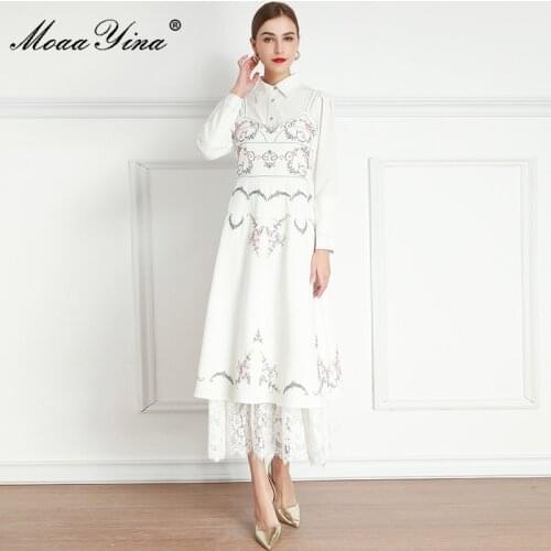 MoaaYina Fashion Set Spring Womens Long sleeve Blouses Tops+Flowers Embroidery Patchwork Lace dress Two-piece set