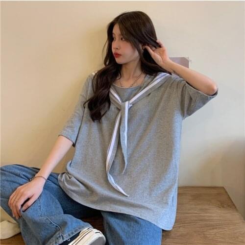 Woman T-shirts Korean Style Sailor Collar Oversized t-shirt Short Sleeve Loose Top Casual Cotton Top women Summer 2021 New