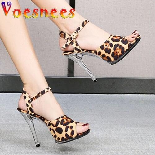 Voesnees Women Solid Color Open Toe Sandals 2021 Summer New 11CM Thin Stiletto Shoes Female Sexy Leopard Print Plus Size Shoes