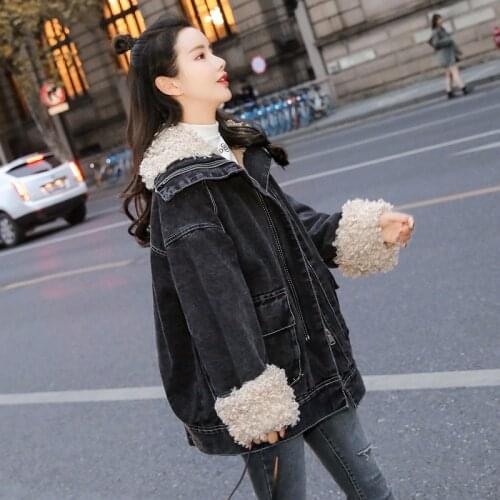 FNOCE 2020 winter new womens jeans jackets young fashion streetwear solid long sleeve plus velvet thickened slim denim coat