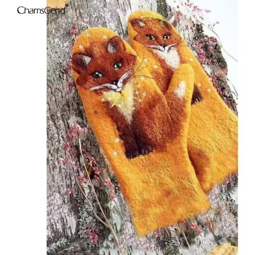 Female Cashmere Padded Hair Gloves Winter Animal Print Korean Version Of All Fingers Winter Women Gloves Girls Mittens 2021