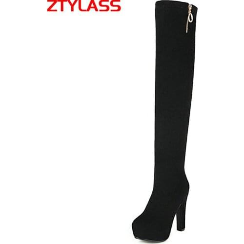 Flock Square High Heel Over The Knee Boots Autumn Platform Women Boots Slip On Stretch Long Boots Winter Ladies Shoes Size 43