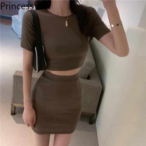 Summer Sexy Women Two Piece Dress Sets Short Sleeve Slim Crop Top T Shirt&High Waist Pencil Mini Skirt Sets BM Fashion 2pc Suits