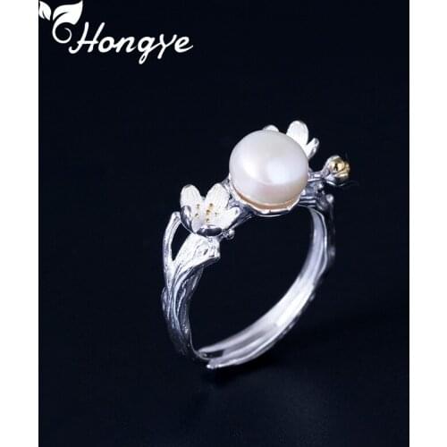 Hongye Freshwater Pearl Ring for Women Finger Ring Chinese Ancient Flower Charm Gorgeous Ladies 925 Silver Rings Jewelry Gifts