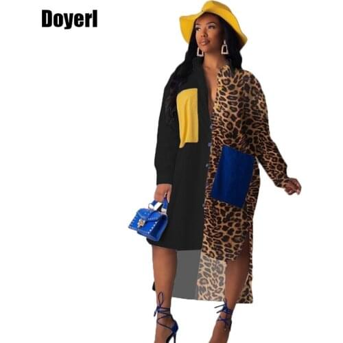 Long Sleeve Shirt Dress Women Casual Autumn Dress Streetwear Leopard Print Button High Low Asymmetrical Oversized T Shirt Dress