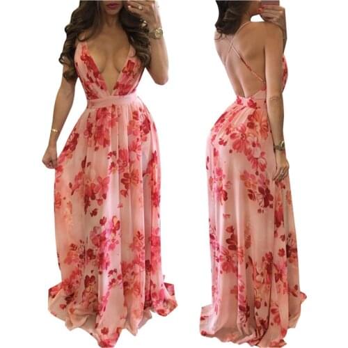 Print Floral Loose Boho Deep V Neck Backless Long Women Dress Maxi Dresses Sexy Back Cross Beach Summer Dress