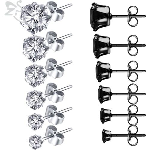 ZS 6 Pair 3-8mm CZ Crystal Round Stud Earrings For Women Men White Black Color Zircon Stainless Steel Ear Studs Accessories 20g