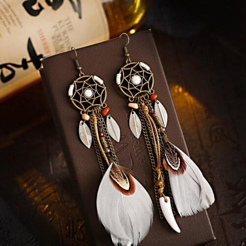2020 Thai Bohemian Style Fashion Long Earrings Copper Color Angel Net Round Alloy Pendant Chain White Feather Tassel Earrings