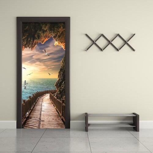 3D Wallpaper Beautiful Seaside Landscape Photo Door Mural Living Room Bedroom Creative Diy Door Sticker Pvc Vinyl Wallpaper