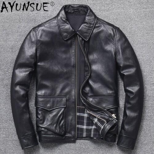 AYUNSUE Mens Genuine Leather Jacket Men Clothing Sheepskin Leather Motorcycle Jackets Autumn Coat Short Clothes Ropa LXR699
