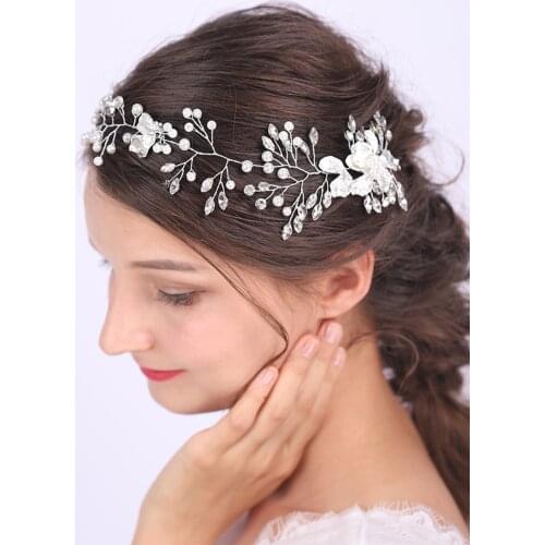 Shiny Rhinestones Silver Leaf Crystal Pearls Heafband Wedding Bridal Hair Jewelry Elegant Headwear Bridesmaid Headdress women