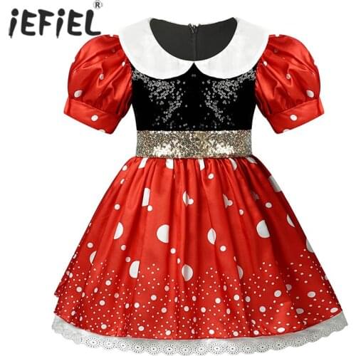 Dress For Kids Princess Party Tutu Dress Ruffled Nack Short Puff Sleeve Pettiskir Polka Dot Printed Removeable Sequined Bowknot
