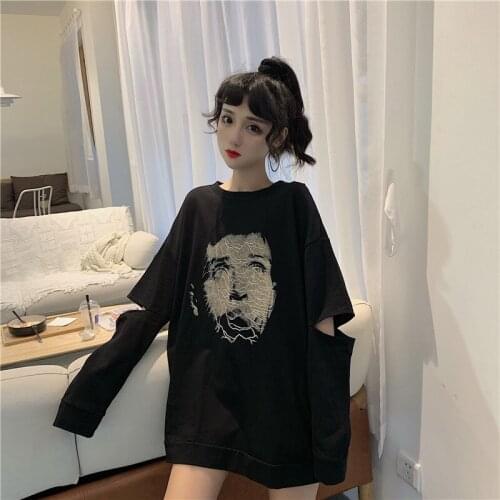 New Spring Print Japan Harajuku Black Hip Hop T-Shirt Women Clothing Autumn Hole Round Neck Long Sleeve Loose Tshirt Female Tops