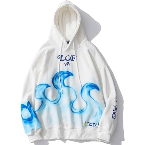 Harajuku Hoodie Men Hip Hop Flame Pattern Sweatshirt 100% Cotton Streetwear Oversize Hooded 2020 Autumn New Male Hoodies