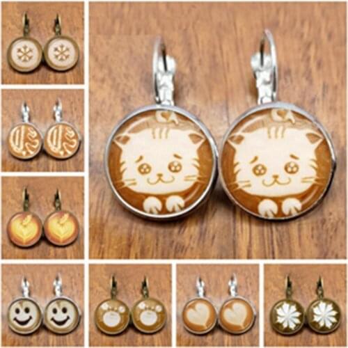 Coffee Latte Coffee Carved Chocolate Printed Cat Glass Convex Earrings Love Flower Clover Snowflake Jewelry For Women Girls