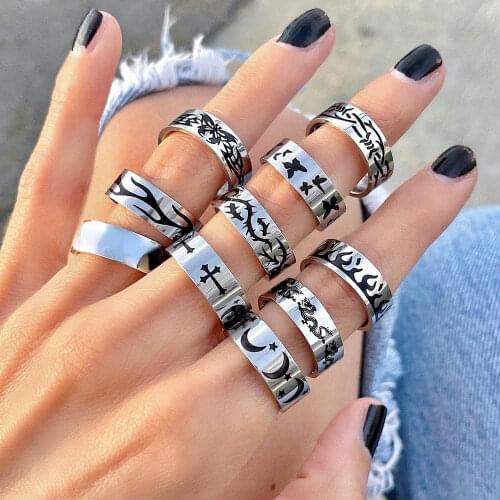 New Hip-hop Stainless Steel Creative Punk Butterfly Flame Ring Vintage Gothic Cross Rings For Women Men Couple Fashion Jewelry