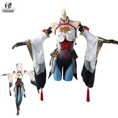 ROLECOS Game Genshin Impact Shenhe Cosplay Costume Halloween Outfit Shenhe Cosplay Costume for Women Uniform Jumpsuit Full Set