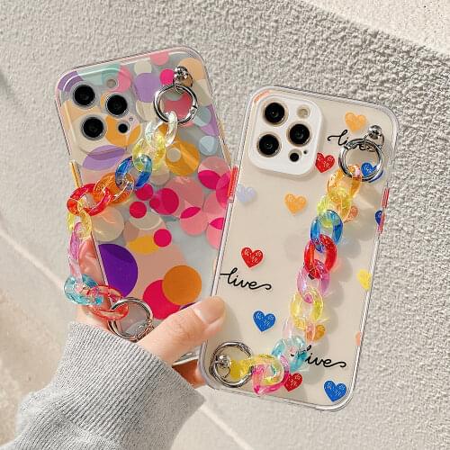 Colorful Art Graffiti Geometric Wristband Phone Case for iPhone 11 12 Mini Pro Max XS Max X XR 7 8 Plus Cute Chain Soft tpu Case