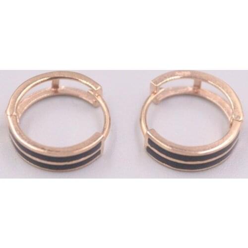 New Pure 18K Rose Gold Earrings 14x4mm Double Black Line Pattern Round Hoop Earrings