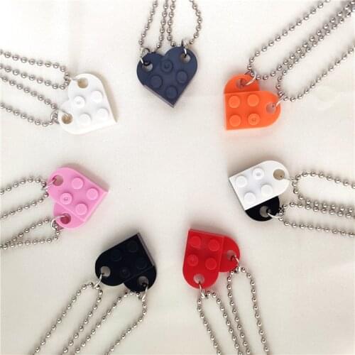 Couples Brick Heart Pendant Shaped Necklace for Women Friendship 2 Two Piece Jewelry Made with Lego Element Valentines Day Gift