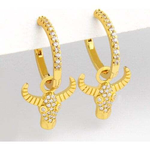 Gold Filled Huggie Animal Cow Head Earrings For Women Crystal Ox Horn Dangle Earrings Cubic Zirconia Trendy Jewelry Gifts ersu66