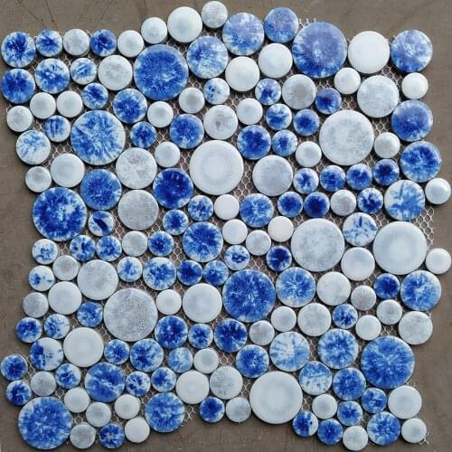 Fancy Mediterranean Big Small Round Penny Blue Glaze Ceramic Porcelain Mosaic for bathroom wall floor tile, anti slippery