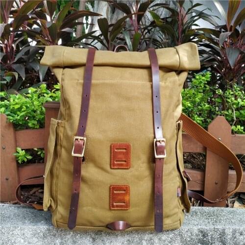 Waxed Canvas Backpack Hiking Camping Rucksack Men Trekking Large Laptop Bag 15 6 inches Vintage Leather Backpack