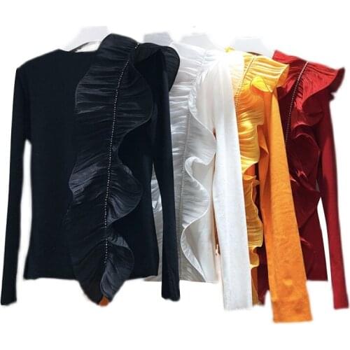 Irregular Ruffled Diamond Long Sleeve T Shirt for Women Fashion Top Lady All-Match Tshirt Spring 2021