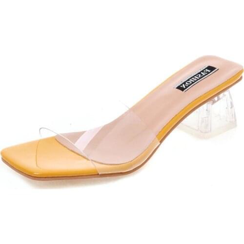 Clear Summer Sandals Women Shoes Women Mules Slides Peep Toe Transparent Square High Heels Female Shoe Casual Square Heels