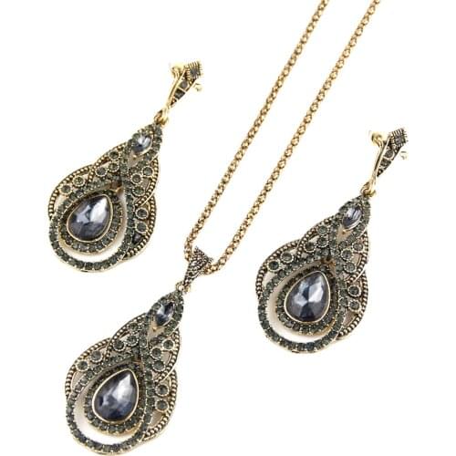 Sunspicems Retro Gold Color Gray Crystal Earring Necklace Bohemia Jewelry Sets For Women Vintage Turkish Wedding Bijoux 2021
