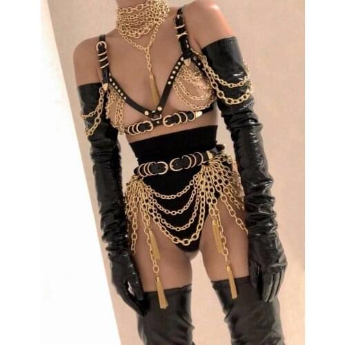 Women Sexy Gold Chains Costume Outfit Stage Performance Nightclub show Bra Chains Short