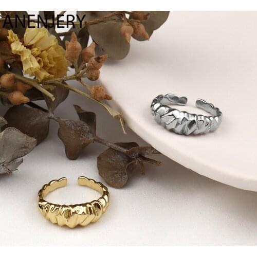 ANENJERY 925 Sterling Silver Irregular Texture Ring for Women Elegance Simplicity Open Ring Jewelry Gift S-R128